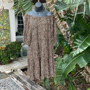 Tiered, leopard print off the shoulder dress